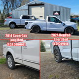 Two white pickup trucks, one from 2014 and the other from 2024, parked side by side with text labels on features. Depicting a one of a kind side exit style exhaust